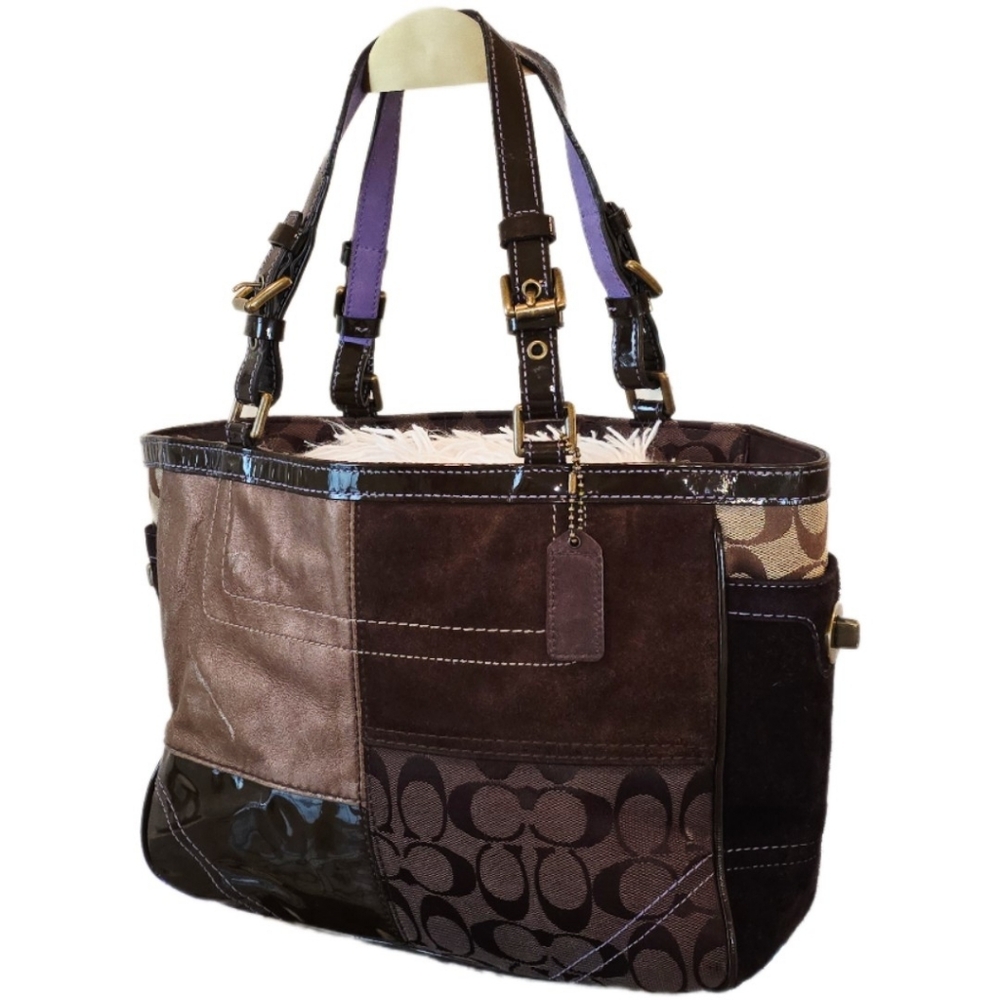 Coach F11408 Patchwork Suede, Leather, & Gold Metallic Tote Bag + Wallet